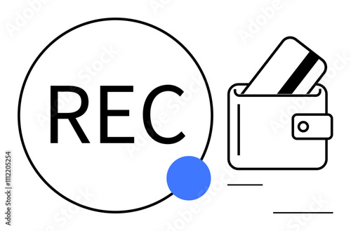 Wallet holding credit card next to a circle with REC. Ideal for finance, security, transactions, online payments, mobile banking, digital wallets, recording. Line metaphor