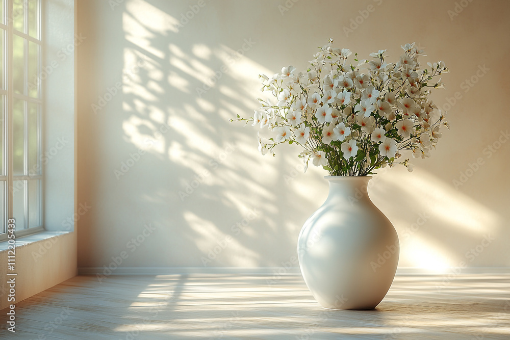 White flowers in a vase by a sunlit window White flowers in a vase by a sunlit window