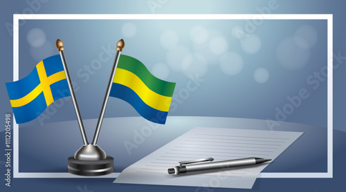 Sweden and Gabon Small national flag on bokeh background, cooperative relationship