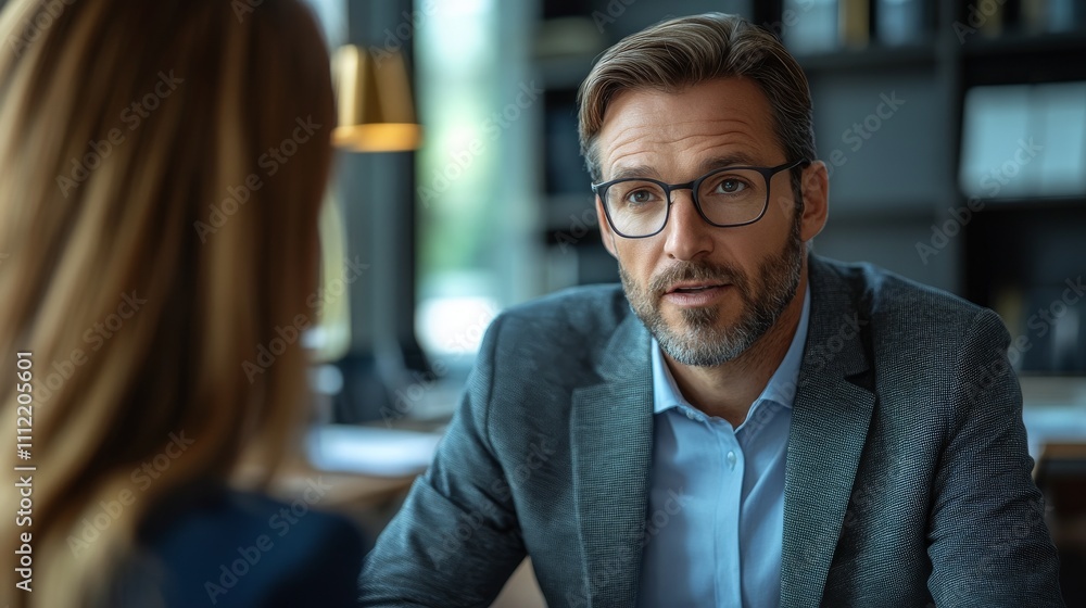 Naklejka premium Man in Glasses Speaks to Woman During Business Meeting