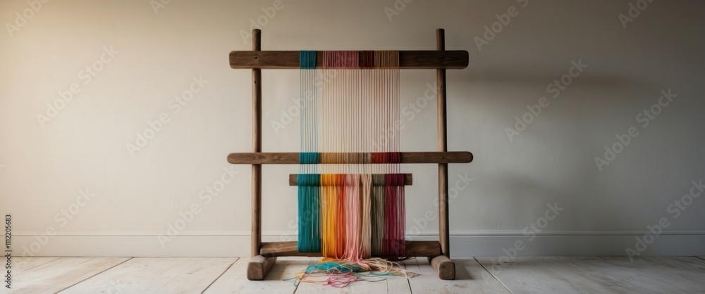 Obraz premium A rustic wooden loom with vibrant threads illuminated by soft light