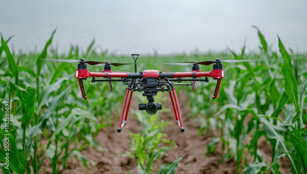 Over a field or economic agricultural zone, a remote-controlled drone inspects, checks conditions, optimizes yields, and monitors plant growth and production.