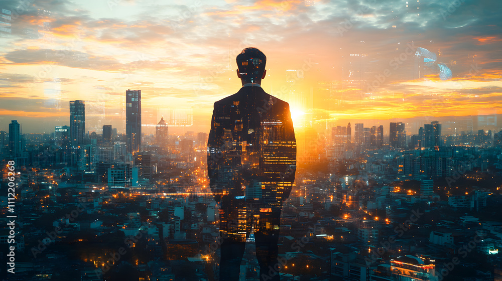 The double exposure image of the engineer standing back during sunrise overlay with cityscape image. The concept of engineering, construction, city life and future The double exposure image of the engineer standing back during sunrise overlay with cityscape image. The concept of engineering, construction, city life and future