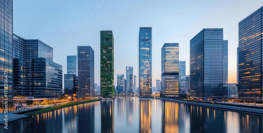 Fototapeta premium Modern skyline with skyscrapers reflecting on water at dusk, tranquil urban scene.