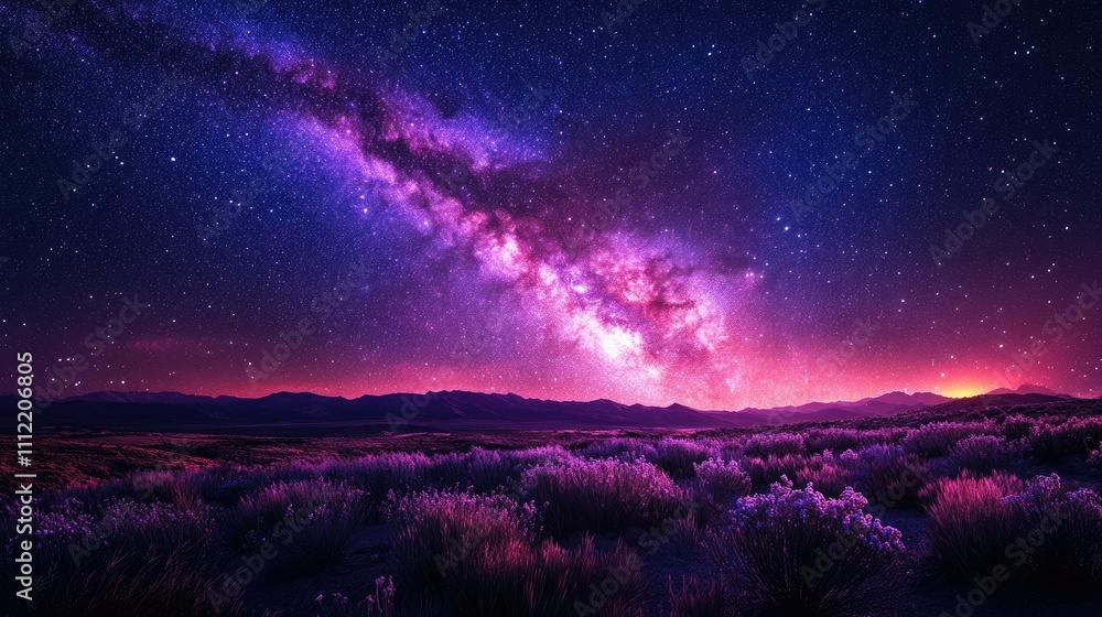 Vibrant Milky Way galaxy over a desert landscape at sunset. Vibrant Milky Way galaxy over a desert landscape at sunset.