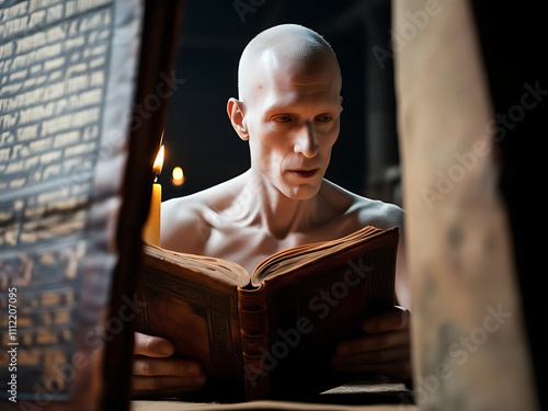 White albino man immersed in ancient texts candlelit room artistic portrait intimate setting captivating concept photo