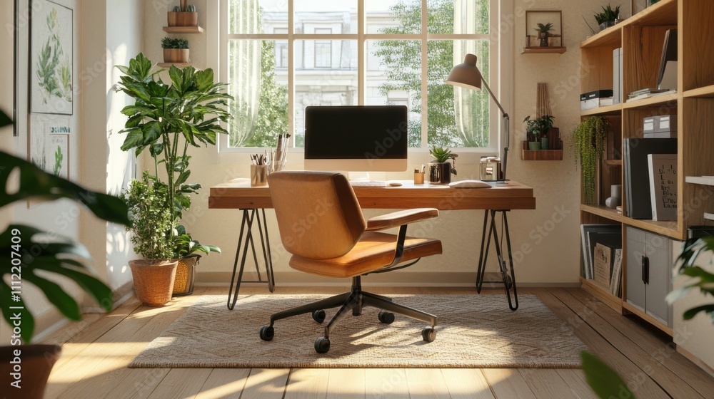 A Tranquil Workspace for Enhanced Productivity with Natural Elements and Warm Lighting A Tranquil Workspace for Enhanced Productivity with Natural Elements and Warm Lighting
