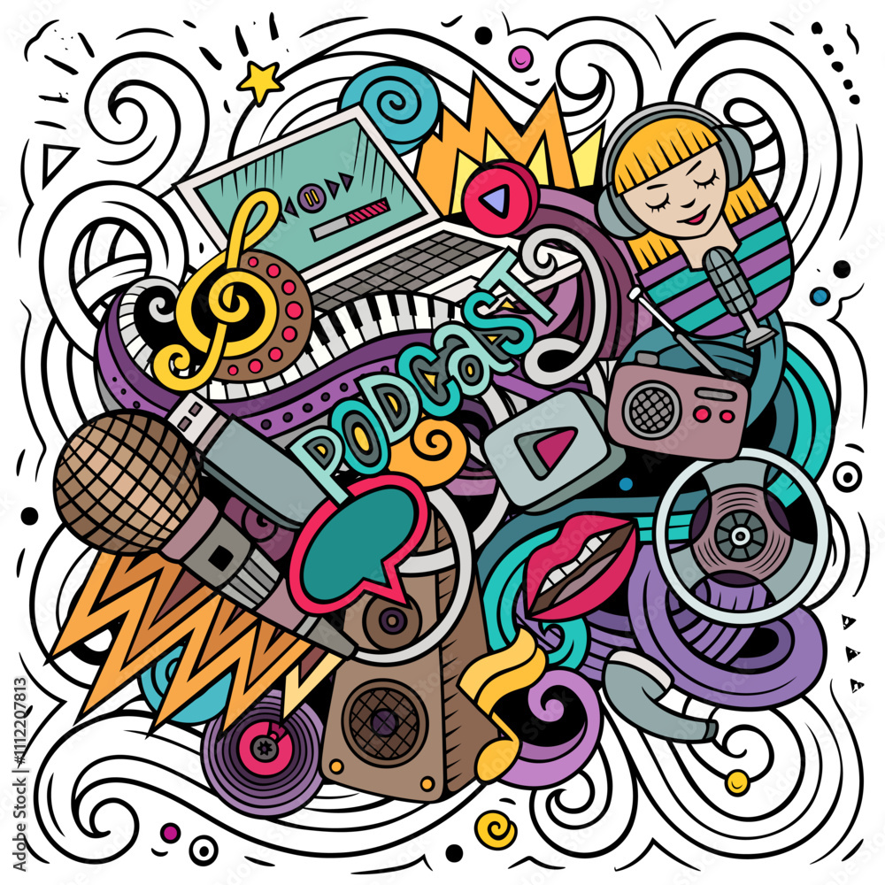 Fototapeta premium Audio content cartoon doodles illustration. Funny design.