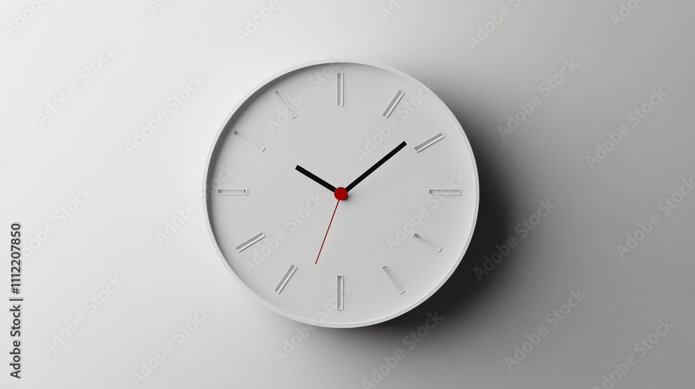 A white clock with black hands on a white wall. A white clock with black hands on a white wall.