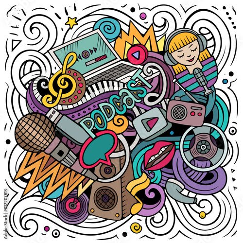 Audio content cartoon doodles illustration. Funny design.