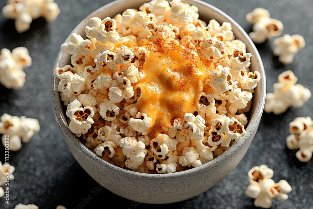 A bowl of popcorn topped with cheese, surrounded by scattered popcorn on a dark surface. A bowl of popcorn topped with cheese, surrounded by scattered popcorn on a dark surface.