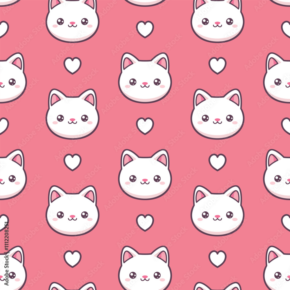 White kawaii cats and hearts on pink background. Vector seamless pattern. White kawaii cats and hearts on pink background. Vector seamless pattern.