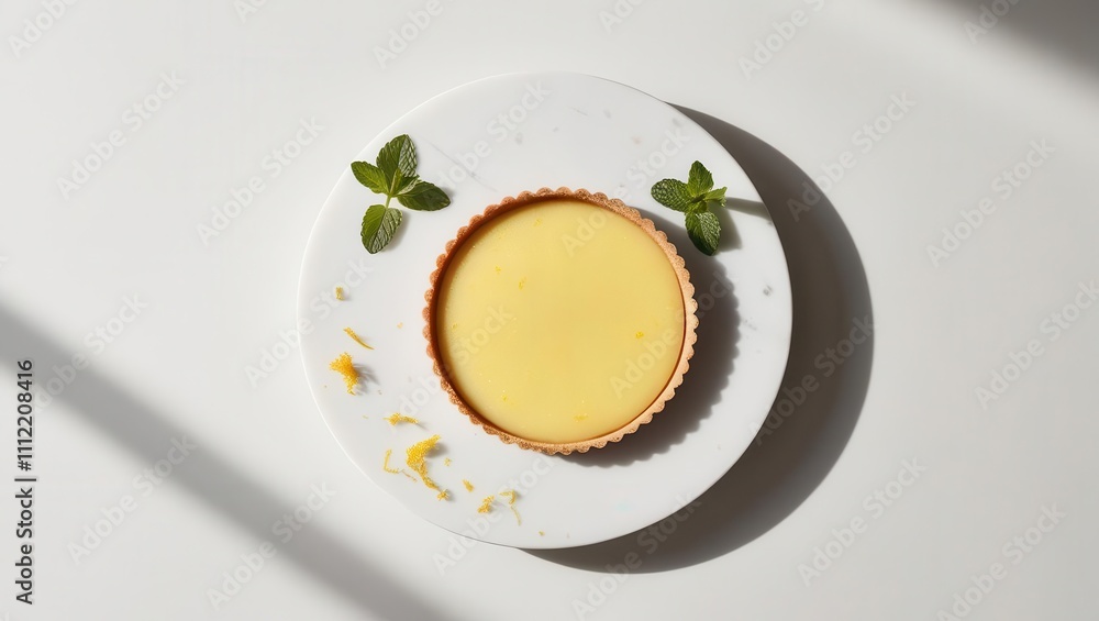 A delicious lemon tart on a white plate garnished with mint leaves and a few crumbs. A delicious lemon tart on a white plate garnished with mint leaves and a few crumbs.