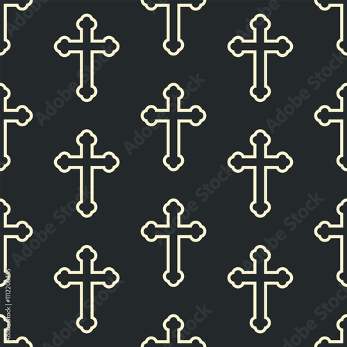 White christian outline crosses on black background. Vector seamless pattern.