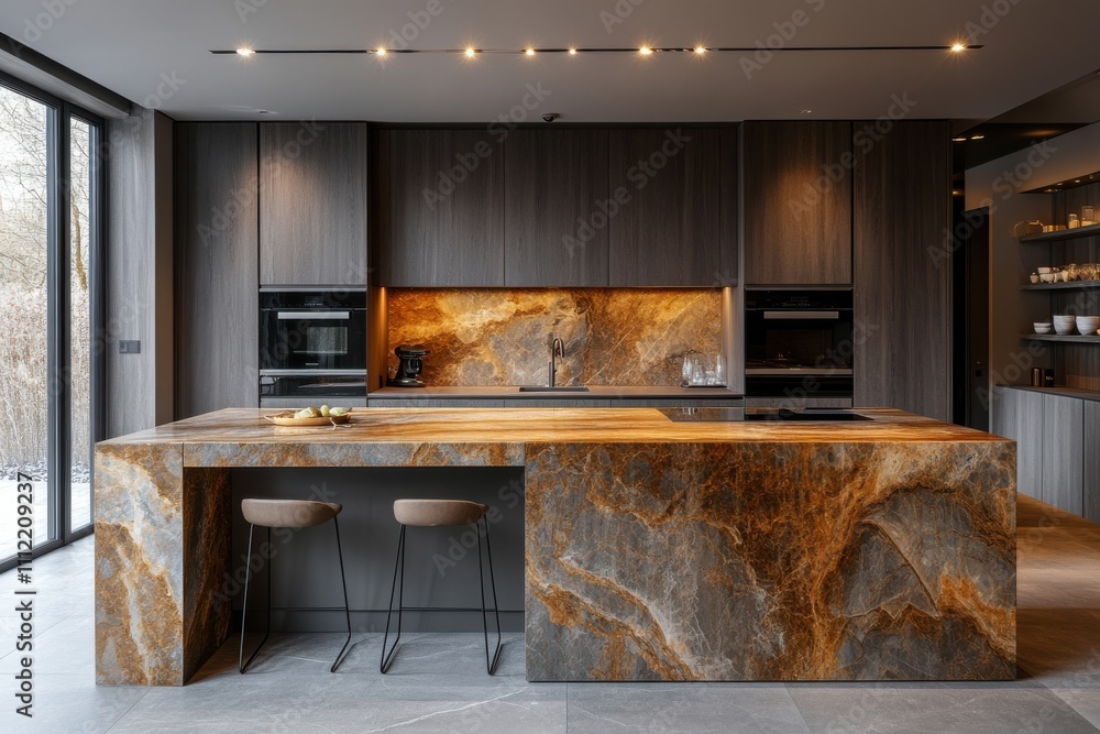 A kitchen with a large island and two stools A kitchen with a large island and two stools