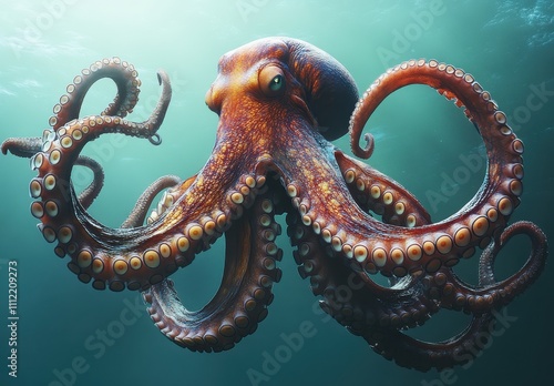 Vibrant and Majestic Octopus Swimming Gracefully Underwater, Showcasing Intricate Patterns and Rich Colors in a Marine Habitat