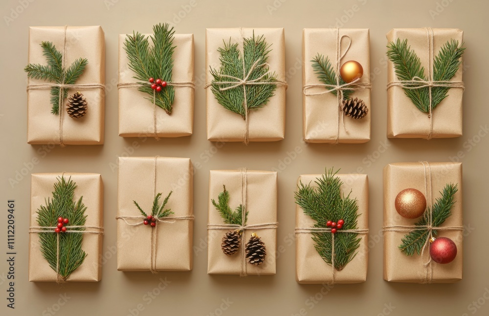 Christmas gifts wrapped in kraft paper with festive decorations Christmas gifts wrapped in kraft paper with festive decorations