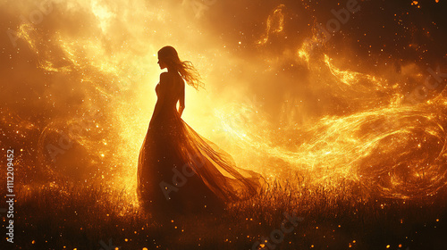 Dancer in flowing gown amidst swirling flames creating a dramatic silhouette at sunset in a mystical landscape. Generative AI