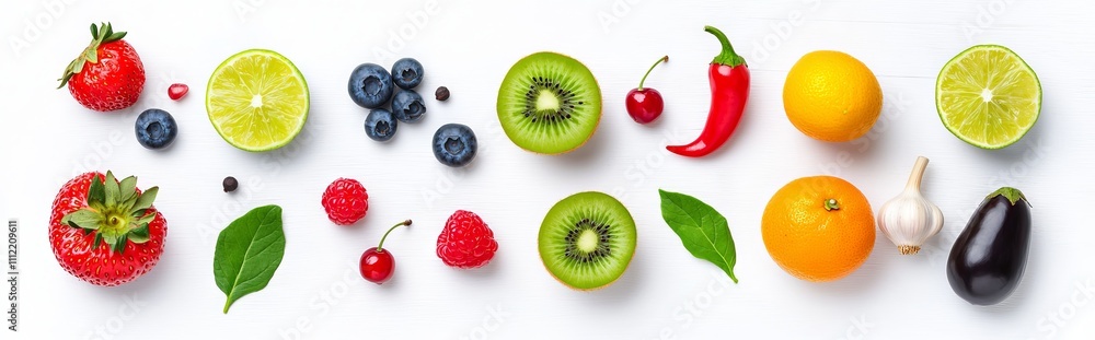 Naklejka premium Nutritious food. A variety of fruits, berries, vegetables, grains, and nuts for a healthy diet.