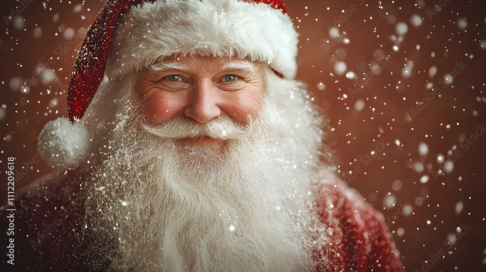 Santa Claus smiling joyfully during a snowy holiday season celebration. Generative AI. Santa Claus smiling joyfully during a snowy holiday season celebration. Generative AI.