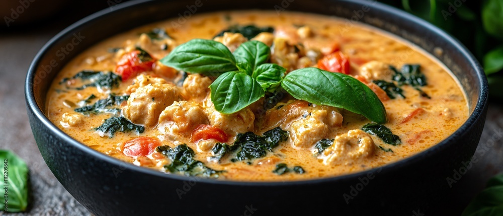A creamy soup with spinach, tomatoes, and herbs in a black bowl, showcasing a delicious meal. A creamy soup with spinach, tomatoes, and herbs in a black bowl, showcasing a delicious meal.