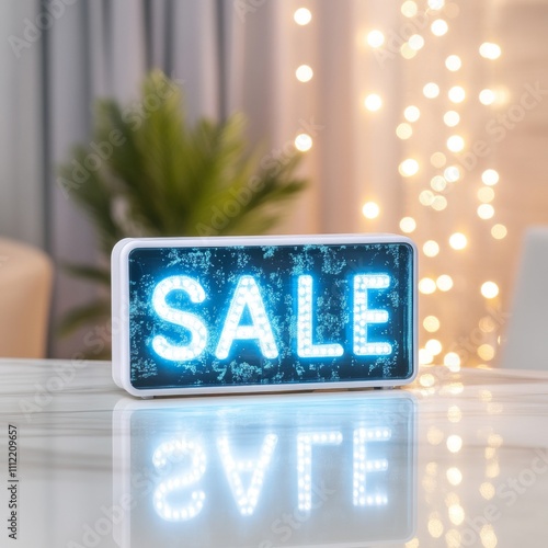Digital countdown SALE timer surrounded by glowing Christmas lights and festive holiday icons in bold colors