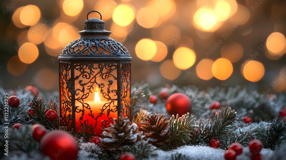 Beautiful Christmas lantern glowing amidst blurred festive lights. Generative AI. Beautiful Christmas lantern glowing amidst blurred festive lights. Generative AI.