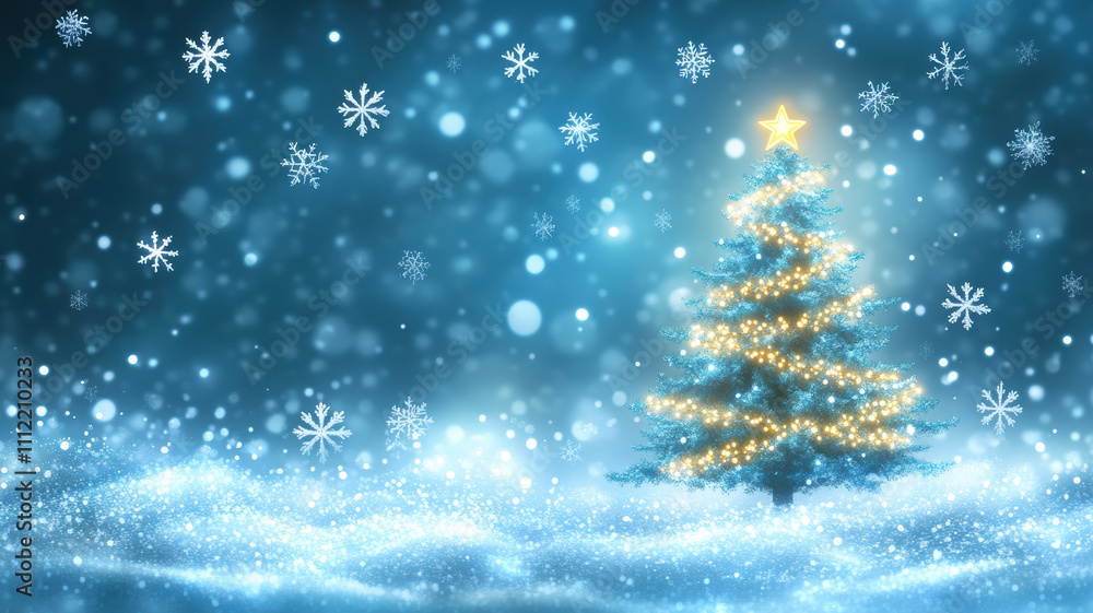 Illuminated Christmas tree with snowflake background