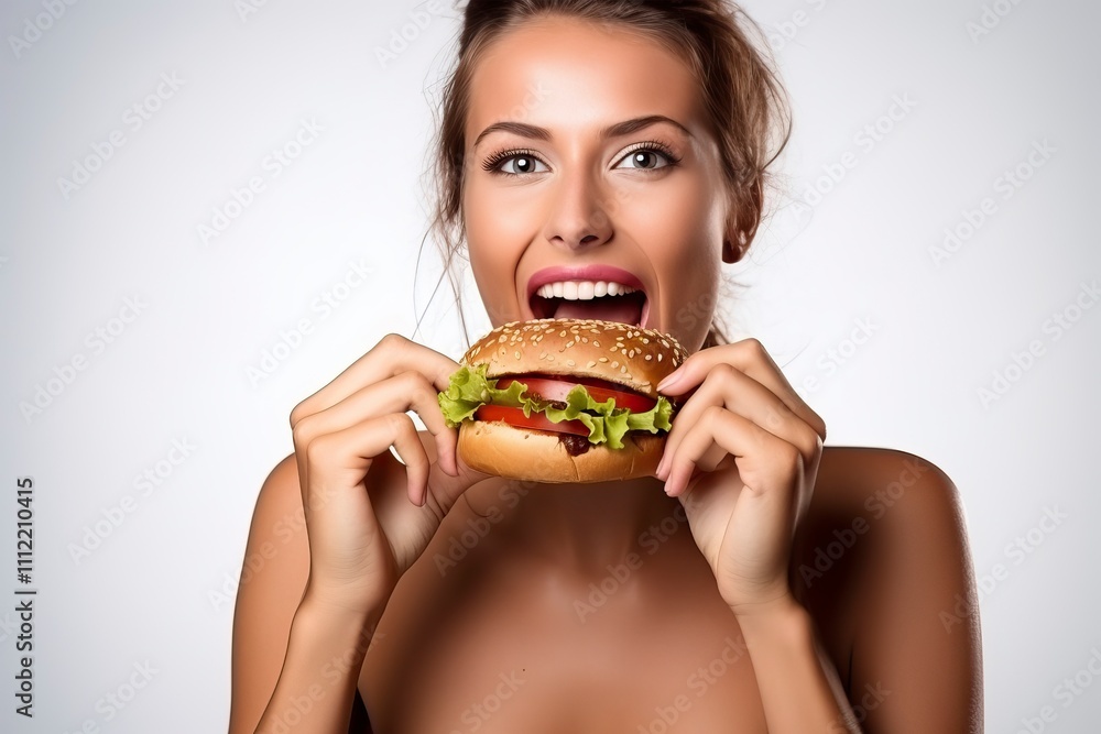 A young woman bites a big tasty hamburger on plain light background. The girl opened her mouth and is eating a burger, cheeseburger. Takeaway, fast food A young woman bites a big tasty hamburger on plain light background. The girl opened her mouth and is eating a burger, cheeseburger. Takeaway, fast food