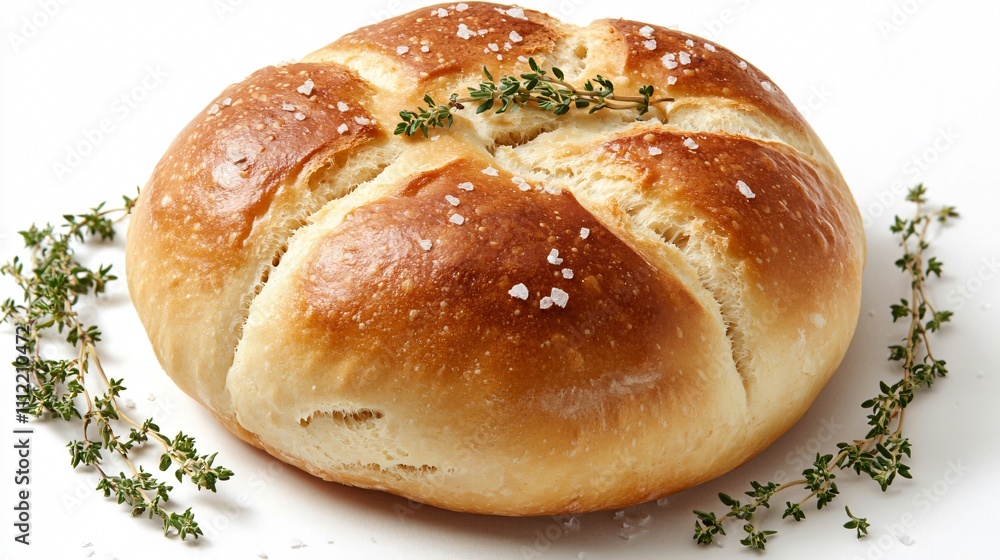 Isolated round loaf of bread with decorative scoring, styled with sprigs of thyme and a scattering of sea salt Isolated round loaf of bread with decorative scoring, styled with sprigs of thyme and a scattering of sea salt