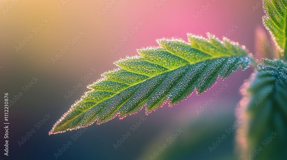 Dewdrops Adorn a Cannabis Leaf in Soft Light Dewdrops Adorn a Cannabis Leaf in Soft Light