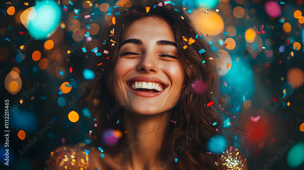 Woman joyfully celebrating at a New Year's party with confetti and lights. Generative AI. Woman joyfully celebrating at a New Year's party with confetti and lights. Generative AI.