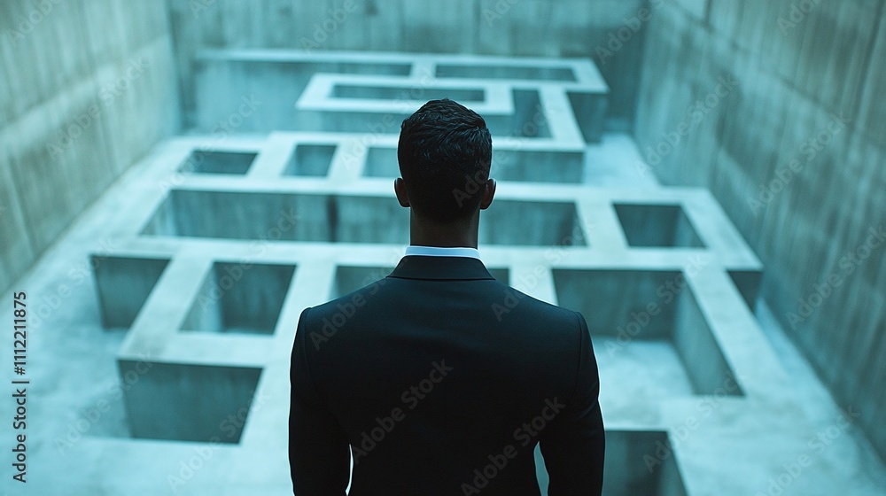 businessman stands facing a complex maze pattern, symbolizing challenges and decision-making in professional life. businessman stands facing a complex maze pattern, symbolizing challenges and decision-making in professional life.
