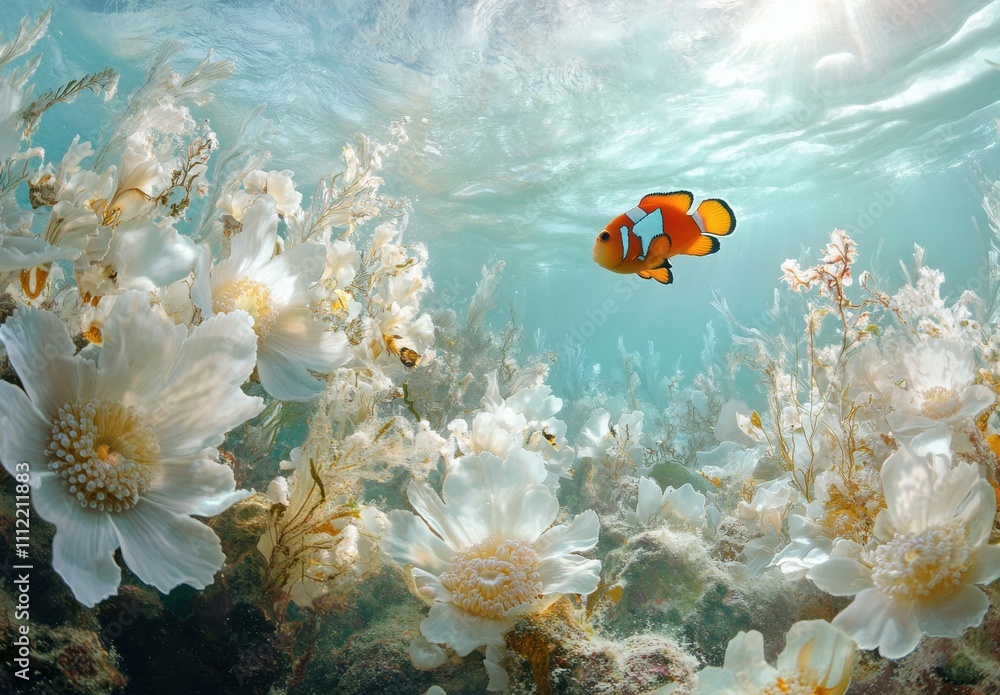 Naklejka premium Vibrant Clownfish Swimming Gracefully Through a Dreamy Underwater Garden of White Flowers and Lush Algae in a Crystal Clear Ocean Environment