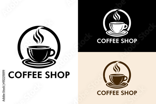 cup of coffee, steam, circle object, coffee shop logo, drink, typographic, illustration, vector