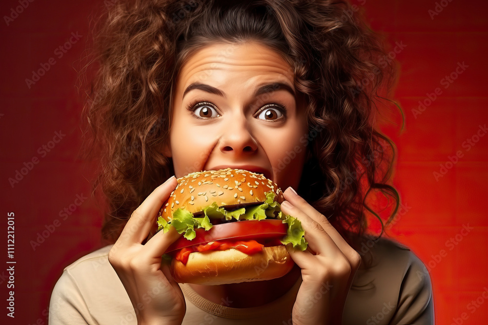 A young woman bites a big tasty hamburger on plain red background. The girl opened her mouth and is eating a burger, cheeseburger. Takeaway, fast food A young woman bites a big tasty hamburger on plain red background. The girl opened her mouth and is eating a burger, cheeseburger. Takeaway, fast food