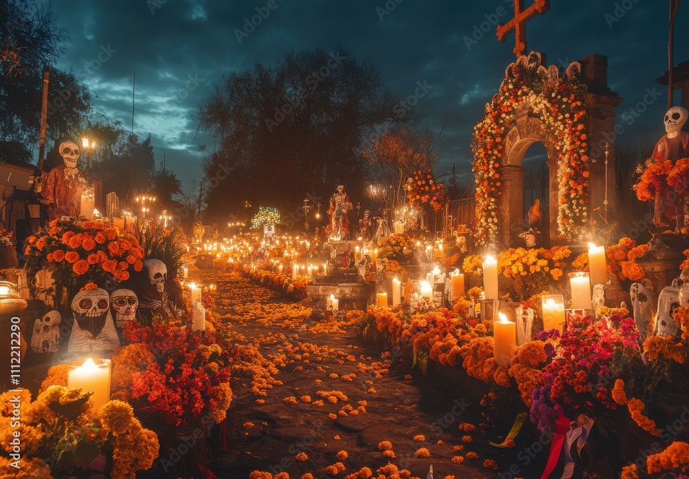 Obraz premium Vibrant Day of the Dead Celebration with Colorful Altars, Skulls, and Marigolds Illuminated by Candles Under a Gloomy Sky