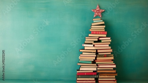 Christmas tree made of books on a green background, , Christmas concept representing the holiday season and reading day