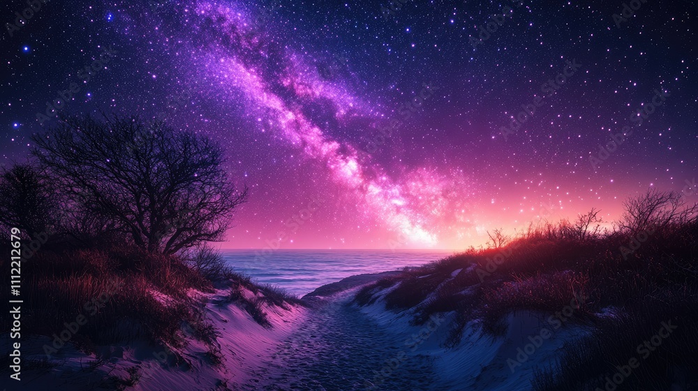 Fototapeta premium Vibrant Milky Way galaxy over tranquil coastal dunes at night.