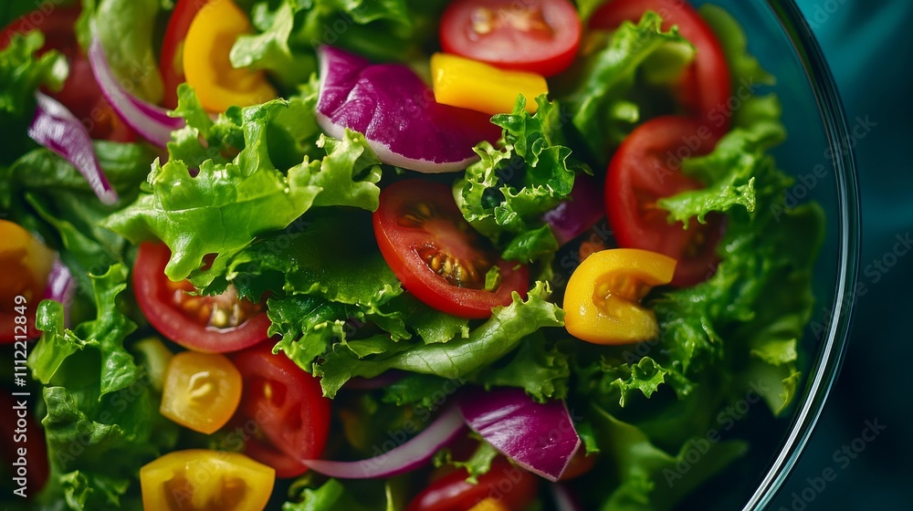 Closeup top view of a colorful salad bowl fresh green environment high-resolution photography for food lovers Closeup top view of a colorful salad bowl fresh green environment high-resolution photography for food lovers