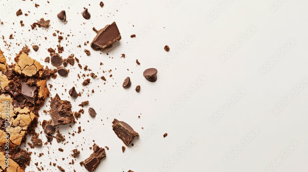 Broken chocolate chip cookie and crumbs cut out on white background Broken chocolate chip cookie and crumbs cut out on white background