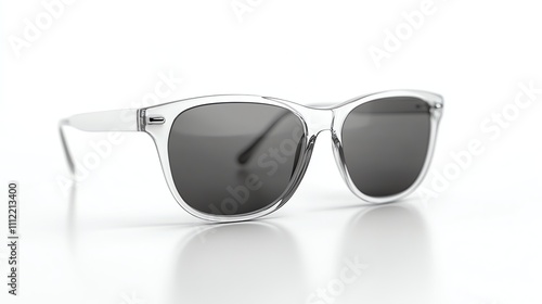 Clear sunglasses with dark lenses lay on a white surface. photo