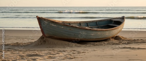 A weathered rowboat rests half buried in sand on a tranquil beach photo