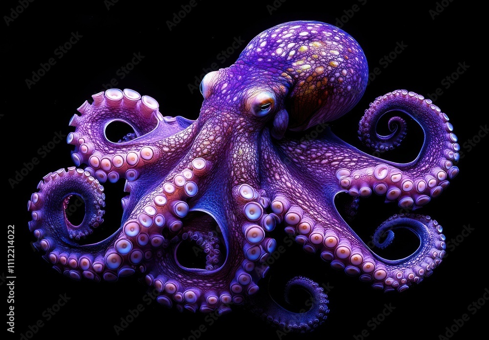 Obraz premium Vibrant Purple Octopus Displaying Intricate Patterns and Texture on Its Body Amidst a Black Background, Showcasing Marine Beauty and Intelligence