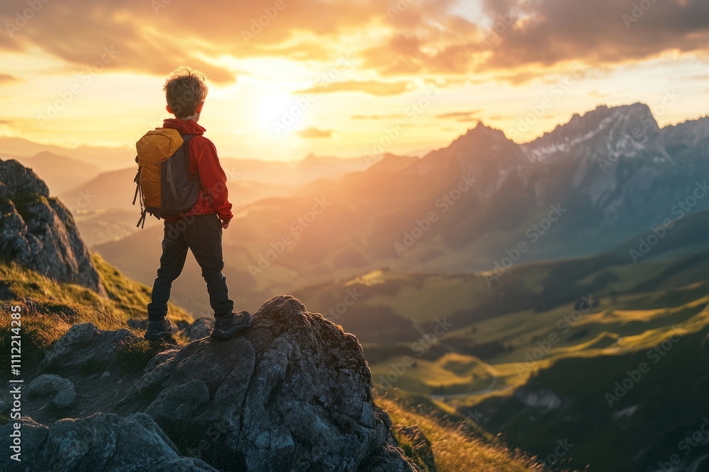 Back view of child standing on top of mountain at sunrise, travel concept Back view of child standing on top of mountain at sunrise, travel concept