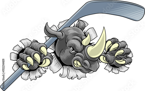 A rhino or rhinoceros ice hockey tough cartoon sports mascot