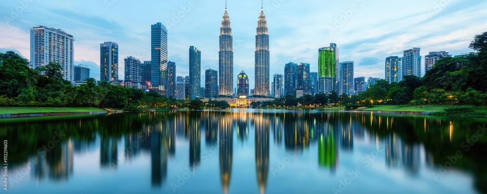 Obraz premium Panoramic view of urban skyline with iconic twin towers and reflection in the water.