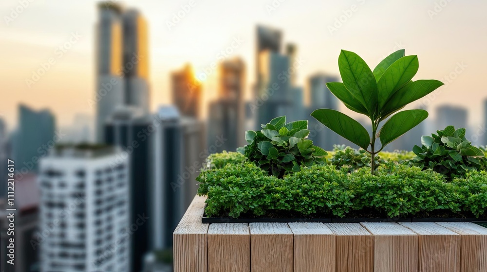 Green plants in urban setting, balcony garden with city skyline background. Green plants in urban setting, balcony garden with city skyline background.