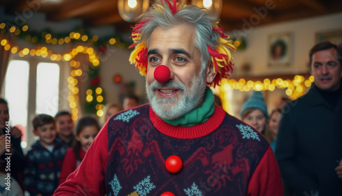 A joyful elderly man wearing a colorful holiday sweater and a red clown nose, standing among a cheerful group at a Christmas celebration.