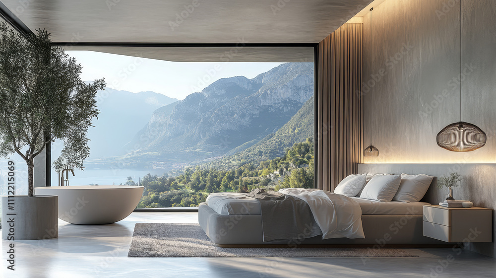 Fototapeta premium A comfortable double bed with a soft duvet serves as the focal point, accompanied by stylish bedside tables with elegant lamps. 